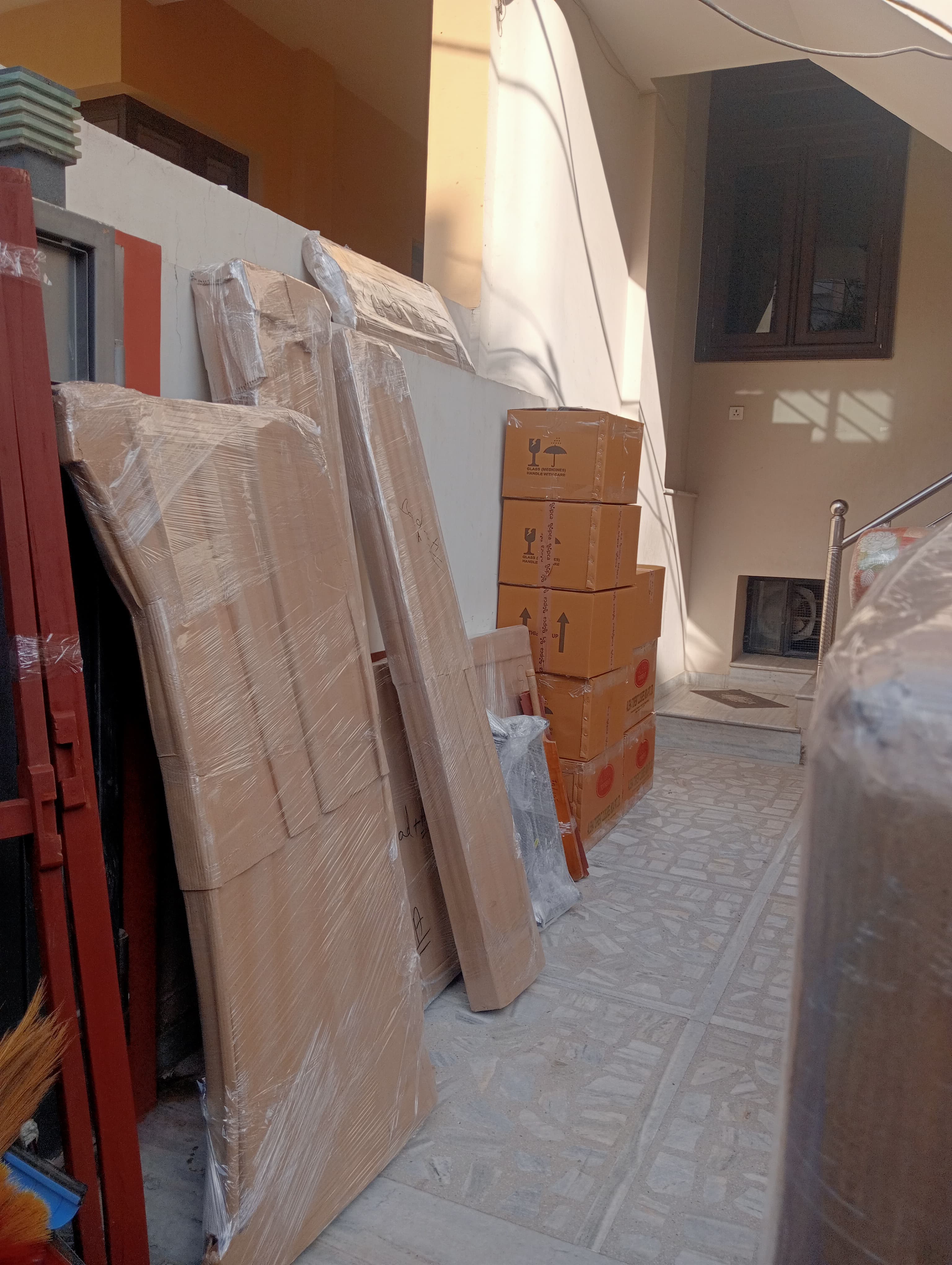 Office team setting up desks in new location