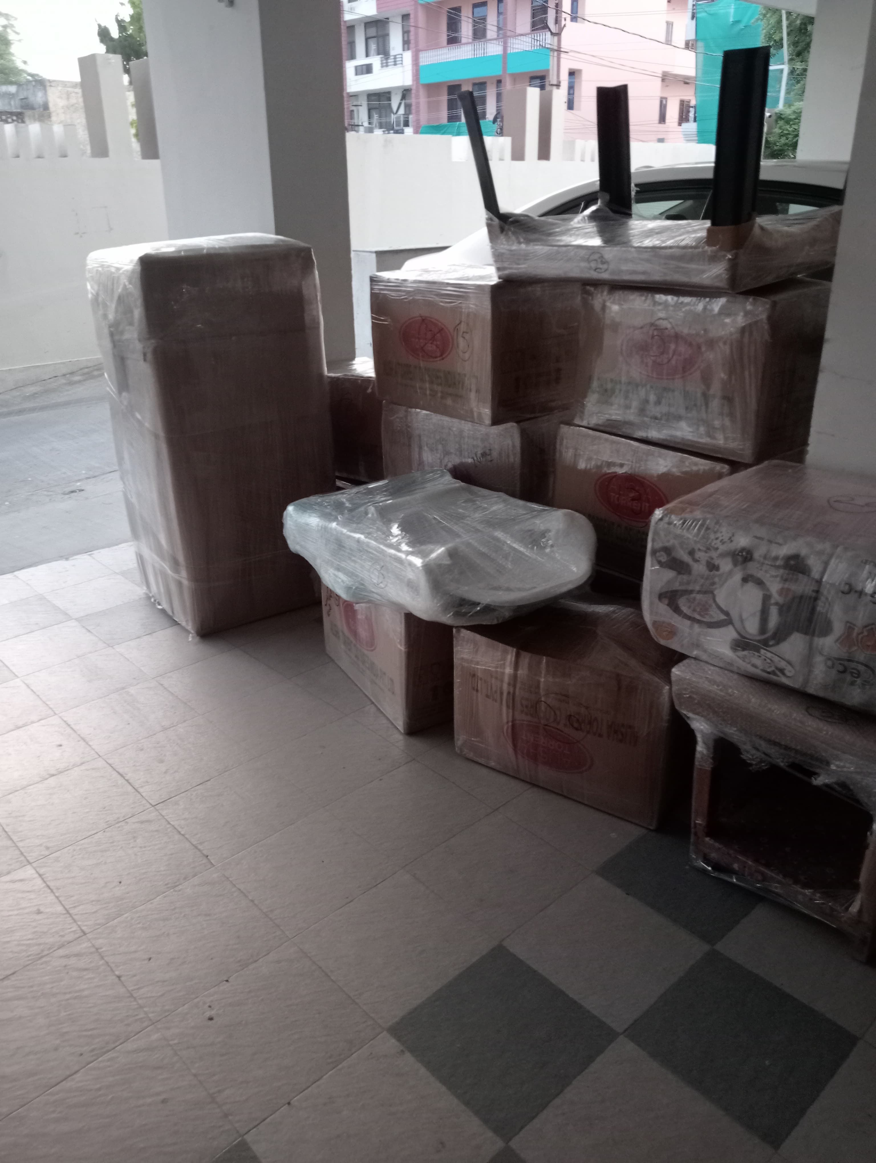 Moving truck driving through a rural area