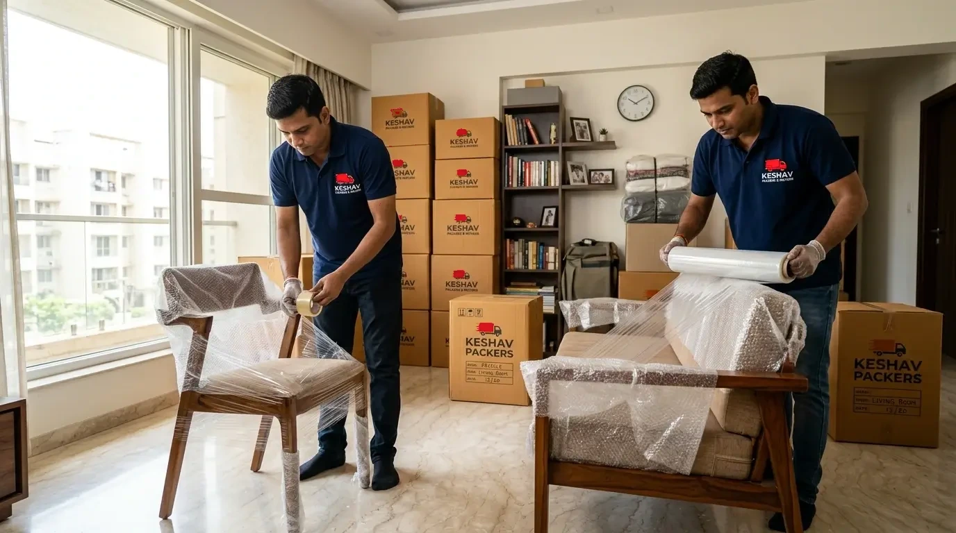 Professional Indian packers and movers crew in Keshav uniform wrapping home furniture with protective multi-layer bubble wrap